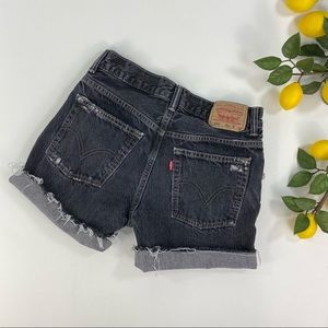 Black Levi's 505 Jean Shorts Distressed Black Medium High Rise Denim 28 Red Tab
